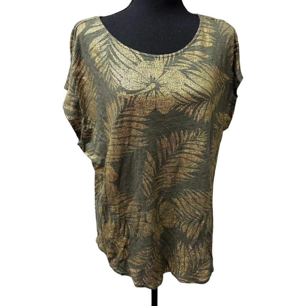 Ruby Rd Army Green Gold Tropical Palm Print Linen Top Short Sleeve XL